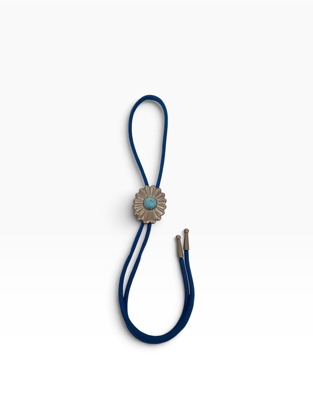 Bolo tie Western-style  blue fabric cord silver tone concho and tips